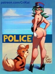 1girls ass breasts crimson_kaiserin green_hair growlithe heels high_heels officer_jenny_(pokemon) pokemon pokemon_(species) police police_hat policewoman poster