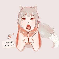 1girls animal_ears flat_chest goatwithsauce myuri_(spice_and_wolf) nude nude_female open_mouth oral_invitation red_eyes silver_hair spice_and_wolf wolf wolf_ears wolf_girl wolf_tail