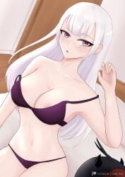 1girls armpits bed big_breasts black_clover bra breasts collarbone female gibb_san hi_res hourglass_figure long_hair looking_at_viewer navel noelle_silva on_bed open_mouth panties patreon purple_eyes silver_hair sitting strap_slip underwear white_hair