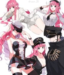 1boy 1girls beard belt bigger_male black_eyes black_hair blunt_bangs blush breast_bulge breast_hole buttons cleavage cosplay cute dracule_mihawk female hand_on_head hat joman larger_male long_hair looking_at_viewer looking_back male mustache one_piece perona pink_hair saram_80 scary_eyes short_hair short_skirt skirt smaller_male smooth_skin suit taller_male thighhighs watermark wholesome