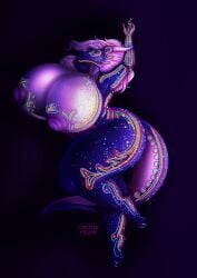 absurd_res anthro ass big_breasts big_butt blacklight bodypaint breasts curvaceous curvy_figure cynthiafeline dragon female hair hi_res horn huge_breasts hyper nipples nude painted painting pose scar solo sprinkles tareck thick thick_thighs uv voluptuous white_hair