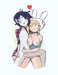 1boy 1girls adventure_time bottomless breasts cartoon_network cum ejaculation erection female fionna_the_human_girl grey_skin handjob kt-draws male male_and_female_focus marshall_lee nipples open_shirt penis pubic_hair straight testicles tongue_out vampire