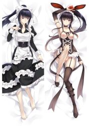 animal_ears apron armpits asymmetrical_legwear bangs barefoot bed_sheet black_choker black_footwear black_hair black_shirt black_skirt black_sleeves black_thighhighs blunt_bangs bow breasts choker collarbone collared_shirt dakimakura_(medium) dakimakura_design detached_sleeves fake_animal_ears female fishnet_thighhighs fishnets from_above full_body garter_straps hairbow high_heels layered_skirt long_hair long_skirt long_sleeves looking_at_viewer lying maid maid_headdress medium_breasts moeanime narberal_gamma nipples on_back overlord_(maruyama) parted_lips ponytail pumps purple_eyes pussy rabbit_ears shiny shiny_hair shirt skirt sleeves_past_wrists thighhighs uncensored very_long_hair white_apron white_bow wing_collar