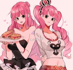 2girls belt black_eyes blunt_bangs blush breast_hole breasts cleavage clock crown cute dress ear female female_only food hair_bun hand_behind_back hat heart holding_object human joman long_hair navel no_bra one_piece open_mouth perona pink_hair plate saram_80 shirt shounen_jump smile tattoo twintails watermark