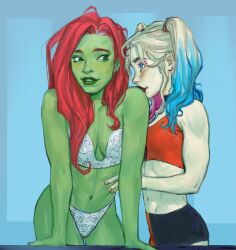 2d 2girls artist_request blonde_hair blue_background blue_eyes blue_hair bra breasts canon_couple choker cleavage clothed clothed_female clothing crop_top cute cute_expression cute_eyes cute_female dc dc_comics eyeshadow female female_only gradient_hair green-skinned_female green_eyes green_lipstick green_skin hair hand_on_stomach harley_quinn harley_quinn_(series) holding kissing_shoulder leaning leaning_forward lesbian light-skinned_female light_skin lips lipstick long_hair looking_at_another looking_at_partner makeup midriff muscular_female navel neckwear no_sex pale-skinned_female pale_skin pamela_isley panties parted_lips pink_hair poison_ivy red_hair red_lipstick semi-wholesome shirt shorts simple_background sleeveless small_breasts standing straight_hair teeth thinkerivyy three_tone_hair twintails underwear white-skinned_female white_bra white_clothing white_lingerie white_panties white_skin white_underwear wholesome yuri