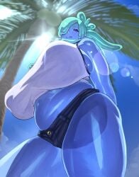 breasts gen'en_(sioherashi) gigantic_breasts goo_creature hotpants plump short_shorts shorts slime slime_girl transparent transparent_body