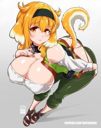 1girls animal_ears artist_logo ass ass_cleavage bayeuxman big_breasts breasts butt_crack collar dog_collar eye_contact female female_only hairband huge_breasts humanoid isekai_meikyuu_de_harem_wo leather_footwear leather_sandals light_skin long_ears looking_at_viewer orange_eyes orange_hair roxanne_(isekai_meikyuu_de_harem_wo) sandals solo solo_female tail thick_thighs thighs thong tight_pants wolf_ears wolf_girl wolf_tail