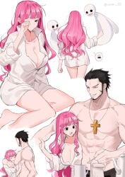 1boy 1girls abs bag bags_under_eyes beard bigger_male black_hair cleavage coffee coffee_mug cross_necklace cute dracule_mihawk exposed_breasts female ghost hand_on_chest hand_on_eyes hand_on_object height_difference hug joman larger_male long_hair male morning muscles muscular muscular_male mustache one_eye_closed one_piece pajamas perona pink_hair saram_80 short_hair sleepy smaller_female spoon thinking watermark wholesome