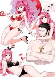 1boy 1girls abs bikini blunt_bangs bra breasts buff clothing cross_necklace cute dracule_mihawk drink female ghost hand_on_neck hanging high_heels joman long_hair male naked navel one_piece panties perona pink_hair saram_80 shoes simple_background swimsuit tattoo umbrella watermark white_background wholesome