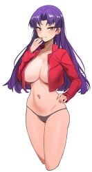 alternate_version_available belly belly_button big_breasts blush blushing breasts busty clothing curves curvy curvy_body curvy_female curvy_figure ear_piercing earring earrings hand_on_chin horny horny_female huge_breasts jacket jacket_only kiritzugu large_breasts legs licking_lips milf misato_katsuragi nails neon_genesis_evangelion older_female panties purple_hair thick thick_legs thick_thighs thighs thong thong_panties thong_underwear tongue tongue_out tummy violet_hair white_background