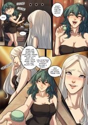 ... 2girls bed bedroom blue_eyes breasts byleth_(fire_emblem) byleth_(fire_emblem)_(female) cleavage closed_eyes comic dialogue eating edelgard_von_hresvelg english_text female female_only fire_emblem fire_emblem:_three_houses food food_play heart-shaped_pupils indoors kinkymation large_breasts long_hair medium_breasts medium_hair multiple_girls naked_towel nintendo offering on_bed open_mouth panels post-timeskip purple_eyes reaching_out smile sound_effects teal_hair text towel white_hair yuri