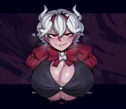 1girls animated bedroom_eyes beelzebub_(helltaker) big_breasts border breasts breasts_out bursting_breasts busty cleavage clothing demon demon_girl female female_only freckles half-closed_eyes helltaker horns huge_breasts krekk0v large_breasts looking_at_viewer mp4 no_bra non-euclidean_border opaluva pace_r18 red_eyes shiny_skin shorter_than_30_seconds smile solo solo_female sound steam sweat sweaty_breasts text_box textless underboob video voice_acted white_hair