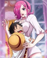 1boy 1girls bandage bandaged_thigh big_breasts black_hair blurred_background blush breast_press breasts closed_eyes clothed eyelashes female frills hair_over_one_eye hairband happy hat hat_removed head_between_breasts height_difference hug hugging lips looking_down male monkey_d_luffy one_piece open_mouth open_smile pink_hair pressed_against rakara11 short_hair size_difference smaller_male surprised_expression tagme tall_female taller_female taller_girl teeth tongue vinsmoke_reiju white_clothing wholesome