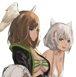 2girls bikini blue_eyes brown_eyes brown_hair catgirl elma_(xenoblade_x) eunie_(xenoblade) female female_only high_entia j@ck mio_(xenoblade) multiple_girls silver_hair straight_face xenoblade_(series) xenoblade_chronicles_3