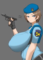 1girls alternate_breast_size beret beretta_92_(weapon) big_breasts breasts busty clothing curvaceous curvy curvy_body curvy_female curvy_figure female female_focus firearm gun handgun huge_breasts human jackknife_(artist) jill_valentine large_breasts pale_skin resident_evil semiautomatic voluptuous weapon