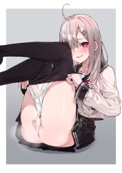 absurdres ahoge anus ass bangs blush breasts female hair_ornament hair_over_one_eye highres legs_up long_hair long_sleeves looking_at_viewer mole mole_under_eye neckerchief nijisanji panties panty_pull pantyhose pleated_skirt purple_eyes pussy_juice school_uniform serafuku shirt skirt smile solo steam sukoya_kana thighs underwear virtual_youtuber yuukauta