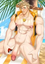 abs bara beach big_nipples big_penis blonde_hair blue_eyes blush detailed_background flaccid gay hairless_penis jacket_only knees_up male_only muscular_male pokemon pokemon_go spark_(pokemon) thechecking veiny_penis yaoi