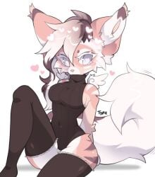 angel_wings black_bodysuit black_thighhighs blush brown_fur crispytyph female fluffy fluffy_ears fluffy_tail furry furry_ears furry_female furry_tail heart heart-shaped_pupils hearts_around_head lacie_(typh) leotard navel solo sweater turtleneck typh white_eyes white_fur