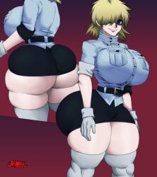 1girls ass belt big_ass big_breasts big_butt blonde_hair breasts clothed clothing female female_only gloves hellsing jay-marvel large_ass large_breasts looking_at_viewer one_eye_covered one_eye_obstructed red_background red_eyes seras_victoria simple_background smile solo solo_female thick_thighs thighhighs voluptuous wide_hips