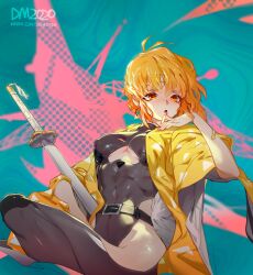 belt blonde_hair blush bodysuit cleavage cleavage_cutout demon_slayer female female_only genderswap_(mtf) haori hip_vent katana kimetsu_no_yaiba medium_breasts nipple_bulge rule_63 shiboren skin_tight solo sword tight_clothing underboob weapon yellow_eyes zenitsu_agatsuma