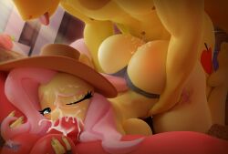 1girls 2boys 3d 3d_(artwork) absurd_res anthro big_macintosh_(mlp) blender_(software) bodily_fluids booty_shorts braeburn_(mlp) cum cum_in_mouth cum_inside deepthroat digital_media_(artwork) doggy_style equid equine fellatio female fluttershy_(mlp) friendship_is_magic from_behind from_behind_position furry genital_fluids group hasbro hi_res hooves-art horse male male/female mammal my_little_pony pony straight_hair threesome trio