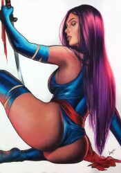 1girls asian_female betsy_braddock big_ass big_breasts bylayne japanese latex_leotard long_hair marvel marvel_comics psylocke purple_hair red_lipstick solo_female solo_focus straight_hair tagme x-men