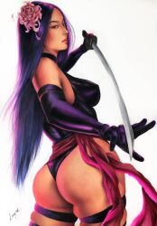 1girls asian_female betsy_braddock big_ass big_breasts bylayne japanese latex_leotard long_hair marvel marvel_comics psylocke purple_hair red_lipstick solo_female solo_focus straight_hair tagme x-men