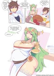 1boy 1girls ass belly belly_stuffing big_ass big_belly big_breasts bloated bloated_belly bloatedtum4life breasts bubble_butt burp burping comic empty_plates female female_focus food green_hair huge_breasts kid_icarus kid_icarus_uprising male nintendo one_eye_closed overeating palutena pit pit_(kid_icarus) plate plates stuffed stuffed_belly stuffing thick_thighs thighs