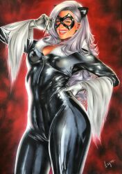 1girls big_ass big_breasts black_cat_(marvel) bylayne felicia_hardy latex_suit long_hair marvel marvel_comics red_lipstick solo_female solo_focus spider-man_(series) tagme white_hair