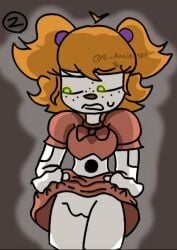 1girls 2d 2d_(artwork) baby_(fnafsl) breasts circus_baby circus_baby_(fnaf) e_annie_181 embarrassed embarrassed_female female female_focus female_only five_nights_at_freddy's flashing green_eyes holding_skirt looking_away nervous nervous_sweat no_panties orange_hair pantyless presenting presenting_pussy pussy red_shirt red_skirt shirt showing_pussy skirt skirt_lift skirt_lifted_by_self skirt_up solo solo_female sweat sweatdrop tagme twintails white_skin