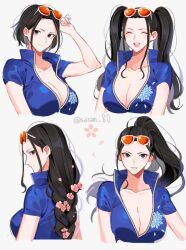 1girls black_hair blue_eyes blush boobs breast_hole breasts cute cute_face exposed_breasts eyes_closed female female_only flower flower_in_hair glasses glasses_on_head joman light-skinned_female light_skin long_hair looking_at_viewer looking_back mouth_open nico_robin no_bra one_piece ponytail post-timeskip saram_80 shirt short_hair shounen_jump smile smooth_skin tits twintails watermark