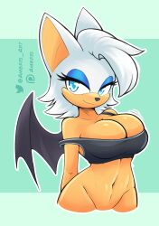 ambris artist_name bat_ears bat_wings big_breasts blue_eyes blue_eyeshadow breasts cowboy_shot female large_breasts large_ears no_panties orange_fur rouge_the_bat sega smile sonic_(series) tagme tank_top white_hair