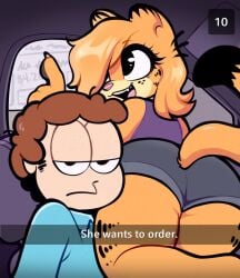 1boy 1boy1girl 1girls 2022 anthro anthrofied ass ass_focus big_ass big_butt bubble_ass bubble_butt car car_interior dialogue english_text female furry garfield_(series) garfield_the_cat gothfield he_wants_to_order huge_ass indoors jon_arbuckle meme moozuamary paramount_pictures paws,_inc. phone phone_screen rule_63 selfie snapchat tagme taking_picture text vehicle