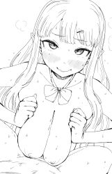 1boy 1girls big_breasts blush breast_hold breast_squish breasts cum cum_between_breasts ejaculation_between_breasts elu_(nijisanji) engulfing_paizuri female gigantic_breasts huge_breasts kaiman_garupan large_breasts long_hair looking_at_viewer male monochrome nijisanji nude nude_female paizuri paizuri_lead_by_female paizuri_on_lap pointy_ears pov pov_eye_contact pov_paizuri straight sweat virtual_youtuber