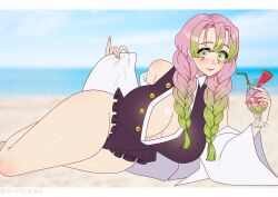 1girls beach braid breasts cleavage cleavage_cutout cryptid_crab demon_slayer drink female female_only glass green_eyes green_hair kanroji_mitsuri kimetsu_no_yaiba large_breasts long_hair looking_at_viewer ocean on_side one-piece_swimsuit outdoors pink_hair purple_swimsuit smile solo swimsuit twin_braids twintails