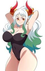 1girls abysswatchers big_breasts blue_hair breasts brown_eyes clothed clothing curvy ear_piercing earrings female female_only gradient_hair hi_res highres hoop_earrings horned_humanoid horns huge_breasts humanoid leotard light-skinned_female light_skin long_hair multicolored_hair one_piece oni oni_female oni_horns orange_body revealing_clothes simple_background smile solo solo_female standing thick_thighs two_tone_hair white_hair wide_hips yamato_(one_piece) youkai