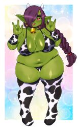 1girls 2021 \m/ armwear big_breasts bikini braid chubby commission cow_horns cow_print cow_print_armwear cow_print_bikini cow_print_thighhighs cowbell earrings female female_only full_body goblin goblin_female green-skinned_female green_skin hair_over_one_eye hi_res hip_squish horns long_hair looking_at_viewer paperrose pointy_ears purple_hair red_eyes smiling_at_viewer solo thick_thighs thigh_squish thighhighs wide_hips