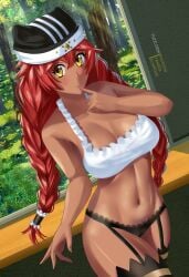 1girls big_breasts dark-skinned_female dark_skin female female_focus female_only fingers fuzzlogik legwear long_hair looking_at_viewer lupusregina_beta maid_headdress nails overlord_(maruyama) red_hair solo tagme underwear yellow_eyes