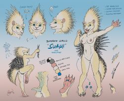 absurd_res anthro barbed_girls barbedstudios blue_eyes breasts claws english_text female genitals hi_res hybrid mammal nayrin nipples paws piercing porcupine pussy quills rodent solo suami text