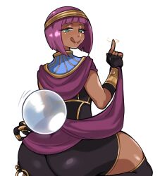 1girls :q ass back_view bangs blunt_bangs bob_cut capcom dark-skinned_female dark_skin egyptian female female_only fully_clothed green_eyes hi_res licking_lips looking_at_viewer looking_back medium_hair menat narrowed_eyes paperrose purple_hair sitting smiling_at_viewer solo solo_female street_fighter street_fighter_v thick_ass thick_thighs white_background