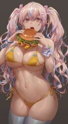 1girls 2022 bacon bikini breasts burger cleavage eating female female_only food gold_eyes hamburger hi_res hips holding_object huge_breasts lettuce light-skinned_female light_skin long_hair original original_character pink_hair slim_waist thick_thighs thighs tomato twintails wide_hips yellow_bikini yohan1754