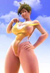 1girls 2022 3d 5_fingers areola_slip big_ass big_breasts bikini blizzard_entertainment breasts brown_eyes brown_hair cleavage clothed clothing clothing_pull cloud earrings female female_only hand_on_hip human large_breasts light-skinned_female light_skin looking_to_the_side maxboost nipple_bulge one-piece_swimsuit outside overwatch piercing revealing_clothes rule2754 sideboob sky solo solo_female standing swimsuit thick_thighs tight_clothing tracer water wet