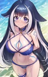 1girls 2022 beach big_breasts bikini blue_hair body_markings breasts choker female female_only huge_breasts indie_virtual_youtuber jagaimo kkamja large_breasts light-skinned_female light_skin long_hair outdoors purple_eyes shylily smile tail virtual_youtuber vtuber wet wet_body