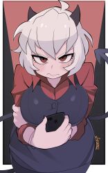 arms_under_breasts big_breasts black_nails breasts female helltaker holding_object holding_phone mofumofu phone red_eyes tagme white_hair