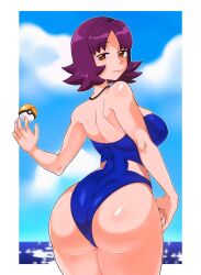 1girls 2021 2d ass back_view brown_eyes female female_only hi_res light-skinned_female light_skin looking_at_viewer looking_back medium_hair narrowed_eyes nintendo pale-skinned_female pale_skin paperrose philena_ivy pokeball pokemon pokemon_(anime) purple_hair sea smiling_at_viewer solo swimsuit thick_ass thick_thighs