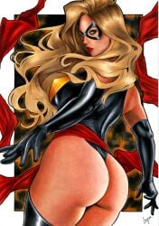 1girls ass_focus big_ass big_breasts big_butt blonde_hair blue_eyes breasts bylayne carol_danvers domino_mask female female_only long_hair marvel marvel_comics ms._marvel ms._marvel_(carol_danvers) solo thong_leotard