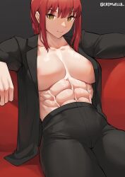 1girls abs areola_slip belly belly_button big_breasts braid braided_hair breasts cameltoe chainsaw_man coat cromwellb ear female female_only fit fit_female hips large_breasts makima_(chainsaw_man) muscle muscles muscular muscular_female no_bra red_hair redhead sitting sitting_down smile smiling spiral_eyes tagme thick thick_thighs thighs tight_clothing tight_pants toned toned_female tummy yellow_eyes