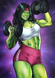 1girls abs absurdres artist_name big_breasts bylayne cleavage clothed colored_skin dumbbell dumbbells english_commentary exercise female female_only green-skinned_female green_body green_eyes green_hair green_skin headband highres hulk_(series) marvel marvel_comics muscles muscular muscular_female navel she-hulk short_shorts simple_background solo sports_bra thick_thighs weightlifting weights wink winking winking_at_viewer workout workout_clothes