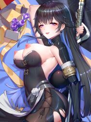 1girls armor armpits black_hair blue_hair blush breasts_out cropped female fully_clothed highres lying medium_breasts nipples punishing:_gray_raven purple_eyes robot_girl selena_(punishing:_gray_raven) sideboob smile solo weapon