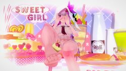 3d 3d_(artwork) ayla_(punishing:_gray_raven) bare_legs cake candy covering covering_face feet feet_up flower hiding_face koikatsu large_breasts long_hair panties pink_eyes pink_hair punishing:_gray_raven robot_girl see-through sitting skirt toes veil white_panties